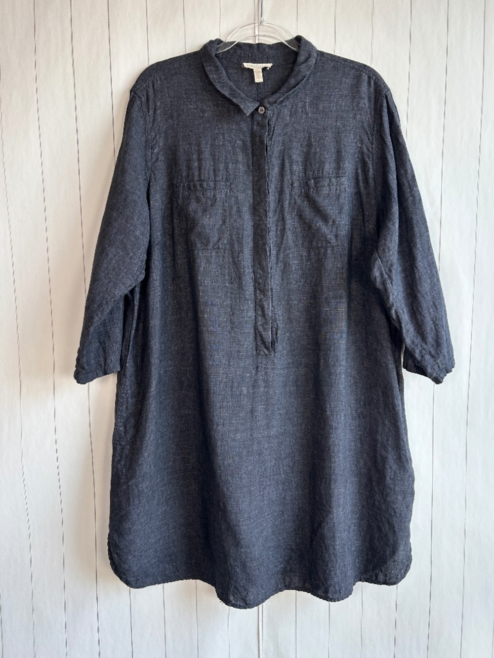Eileen Fisher plus size 1X shirt dress 100% organic linen charcoal 3/4 sleeve